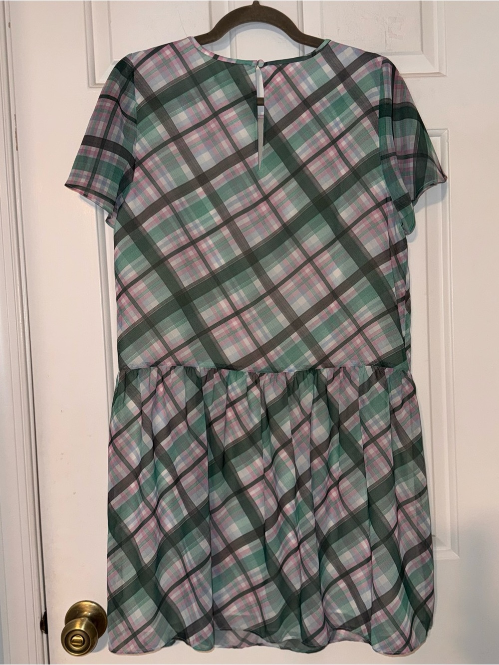 Ann Taylor Green Pink Plaid Drop Waist Short Sleeve chiffon lightweight Dress 8 - Picture 9 of 14